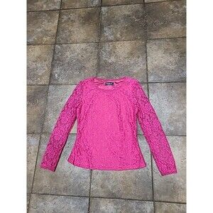 Allegra K Lace Shear Top Women's Size Small Long Sleeves Hot Pink